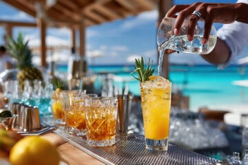 Refreshing cocktail preparation at a tropical beach bar during sunny daytime