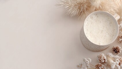 Creamy beverage in a patterned mug surrounded by dried flowers & pampas grass, against a soft beige backdrop. Cozy, calm, and minimalist aesthetic