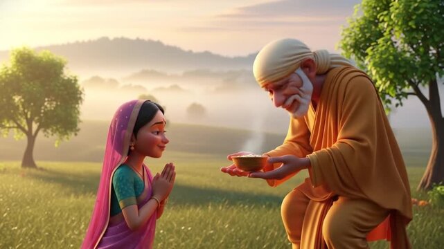 Animated Depiction of Sai Baba Giving Food to a Devotee in Nature Setting Beautiful Visuals