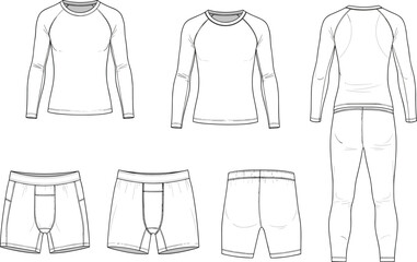 Men's thermal underwear flat sketch, base layer set, long sleeve top and bottom, boxer shorts, technical CAD vector illustration