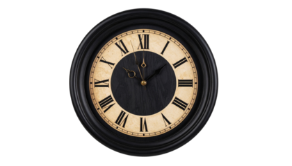 Black Round wooden wall clock in classic design showing time on a rustic background cutout isolated on transparent bg, cutout png