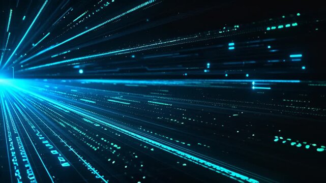 Black background with digital data lines and glowing binary code slowly appearing. Blue and green holographic text, circuit patterns, and interface elements animate into view. 