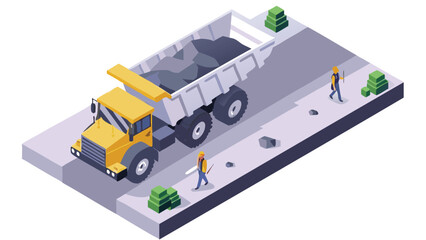 Isometric view of a dump truck filled with rocks on a construction site with workers present