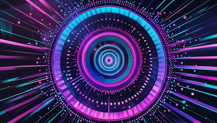 Vibrant neon tunnel with concentric circles and light streaks