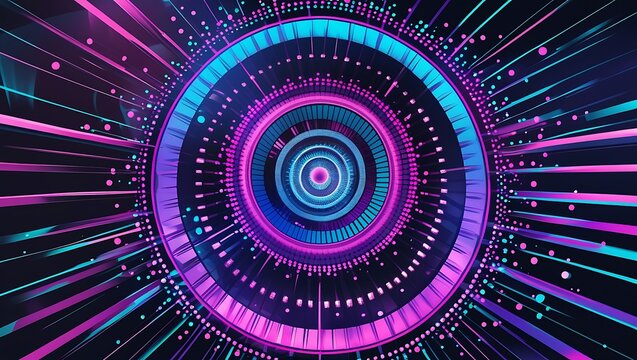Vibrant neon tunnel with concentric circles and light streaks