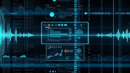 Black background with digital data lines and glowing binary code slowly appearing. Blue and green holographic text, circuit patterns, and interface elements animate into view. - Powered by Adobe