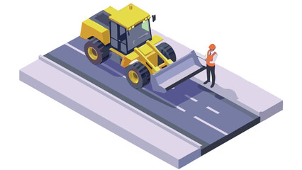 Isometric view of a yellow bulldozer on a road with a construction worker standing nearby in vector art