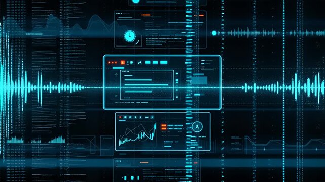 Black background with digital data lines and glowing binary code slowly appearing. Blue and green holographic text, circuit patterns, and interface elements animate into view. 