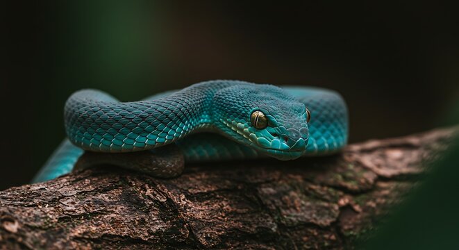 blue snake on a tree. close-up of a vibrant blue snake on a tree branch in the wild.