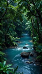 A jungle with a river in the middle