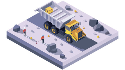 Isometric view of a construction site with a dump truck and two workers surveying the area around it