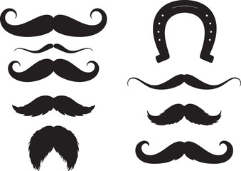 Black mustaches and horseshoe shapes silhouette facial hair, mustache, horseshoe, black, silhouette, facial hair, curl, luck, western, vintage, graphic, design, illustration, style, accessory, symbol
