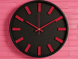 Modern clock on pink brick wall