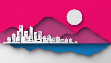Paper-cut city. Mountains rise behind a white cityscape above blue water, under a bright pink sky and a white sun. The design is layered, giving a dimensional effect