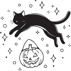 Leaping Black Cat and Jack-o'-Lantern Vector Illustration for Halloween