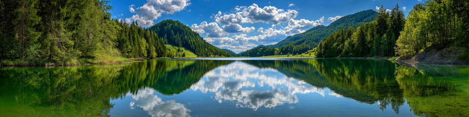 Fototapeta premium peaceful wilderness setting with pristine lake and vivid sky reflecting in water like a mirror