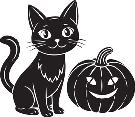 Black Cat in Witch Hat Sitting on Jack-o'-Lantern Vector Illustration