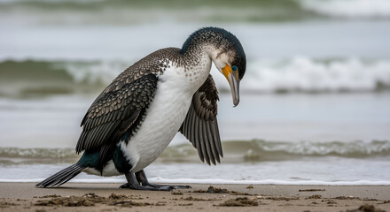 Cormorant bird with spread wings drying feathers on sandy beach near ocean waves. Marine bird behavior and coastal ecosystem. Birdwatching and seabird observation content