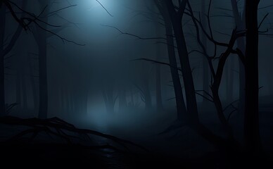 Eerie and mysterious dark forest at night with a faint blue light illuminating the path ahead creating a sense of wonder and slight unease