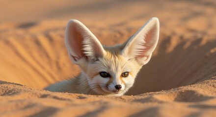 Fennec fox head emerging from sand burrow with large pointed ears. Desert carnivore in natural habitat for wildlife conservation and adaptation education campaigns