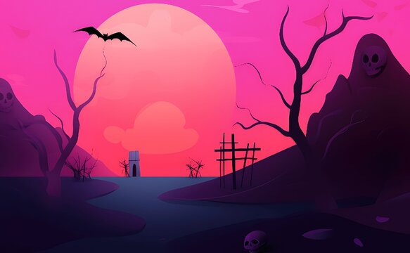 Mysterious halloween scene with a large pink moon silhouetted trees a lone figure and a bat flying across the eerie twilight sky