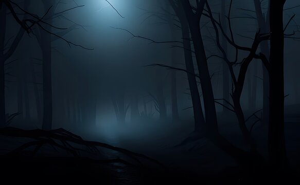 Eerie and mysterious dark forest at night with a faint blue light illuminating the path ahead creating a sense of wonder and slight unease