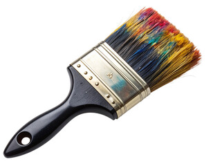  Used Paintbrush with Black Handle and Color-Stained Bristles, Isolated.