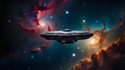 A spaceship floating between two distant galaxies 