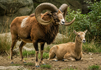 Fototapeta premium A magnificent male mouflon with large horns and a female resting peacefully in nature