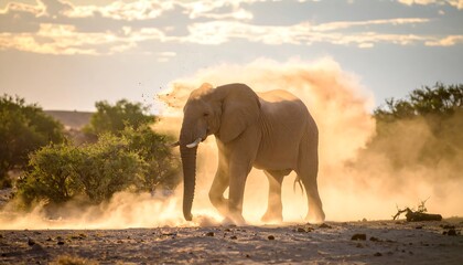 Obraz premium Majestic elephant in a dust bath at sunset