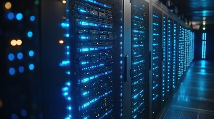 Server racks illuminated with blue lights