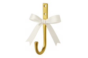 Golden metal wall hook with white ribbon bow, isolated on transparent background, perfect for elegant interior design projects