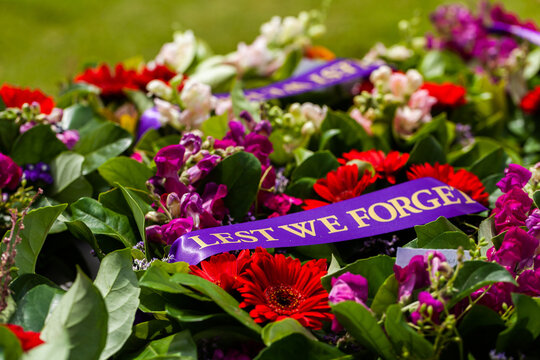 lest we forget ribbon in  memorial wreath for remembrance day