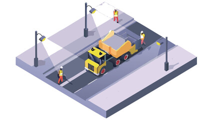 Isometric view of road construction with asphalt paver and workers under street lights at night