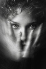 Black and white portrait with blurred hands