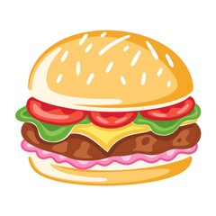 Classic burger with cheese, lettuce, and tomatoes on white background  