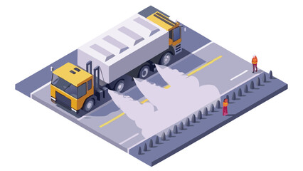 Isometric view of a truck on a road with workers and dust cloud during road maintenance operation