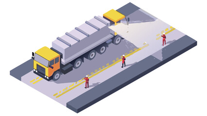 Isometric view of a truck spreading material on a road with workers present for road maintenance