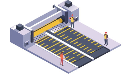 Isometric view of road marking machine applying yellow lines with workers overseeing the process