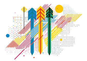 Obraz premium Vibrant abstract design featuring multiple, bold arrows, geometric shapes, and splattered color