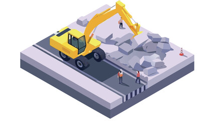 Isometric view of a yellow excavator removing rocks with construction workers on a gray road surface