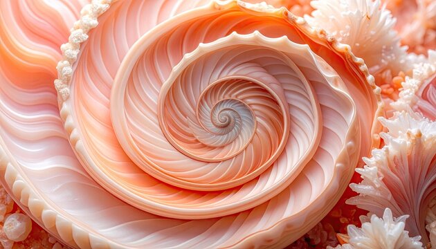Abstract mineral swirl in coral and quartz tones with intricate textures and spiral patterns against a neutral background in macro detail