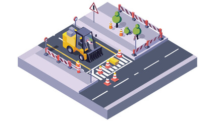 Isometric view of street sweeper at a crosswalk with cones and road work barriers on the street