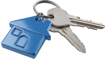 A pair of keys with a small, blue house-shaped charm attached