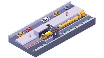 Isometric view of a road with cars and a tunnel showing a yellow truck and an elongated vehicle