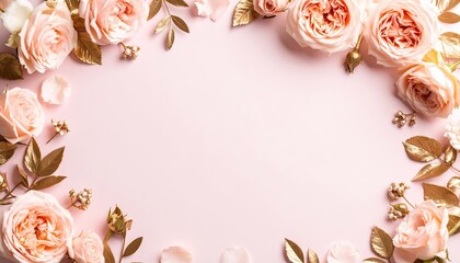 Pink Roses and Rose Gold Floral Border Over Pastel Pink Paper Background