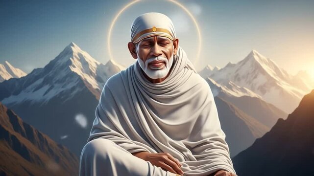 Serene Meditation: Shirdi Sai Baba's Tranquil Presence Amidst Majestic Mountain Scenery