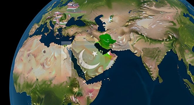 A digital rendering of the earth shows pakistan highlighted with its national flag, emphasizing its geographical location in asia