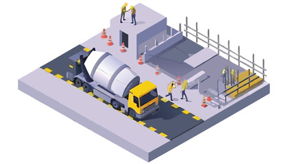 Isometric construction site scene featuring a cement truck and construction workers at their job site