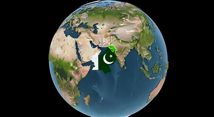 Pakistan is highlighted on a digital globe with its flag, illustrating its place in the world and its asian context